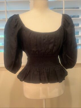 Faithfull the Brand Black Puff Sleeve Smocked Peplum Top